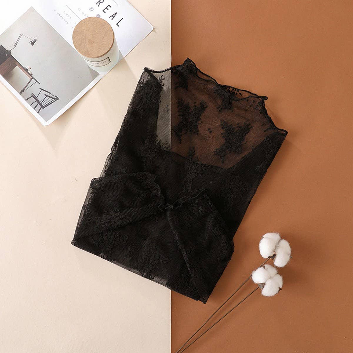 SEMI SHEER MESH LACE SLIM BOTTOMING SHIRT