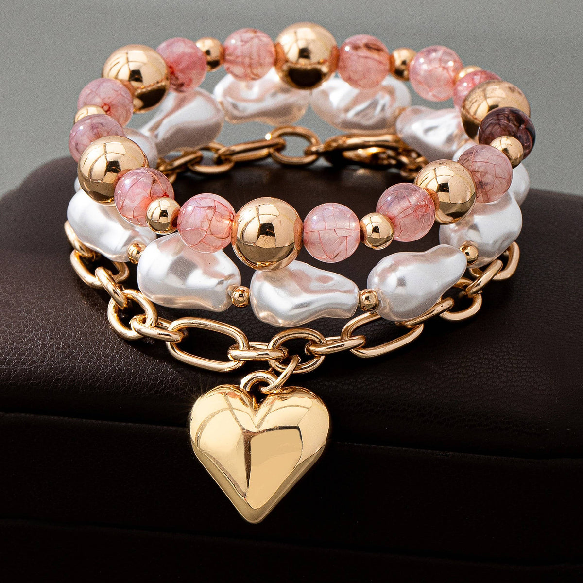 MULTI LAYER MIXED PEARL BEAD HEART CHARM BRACELET