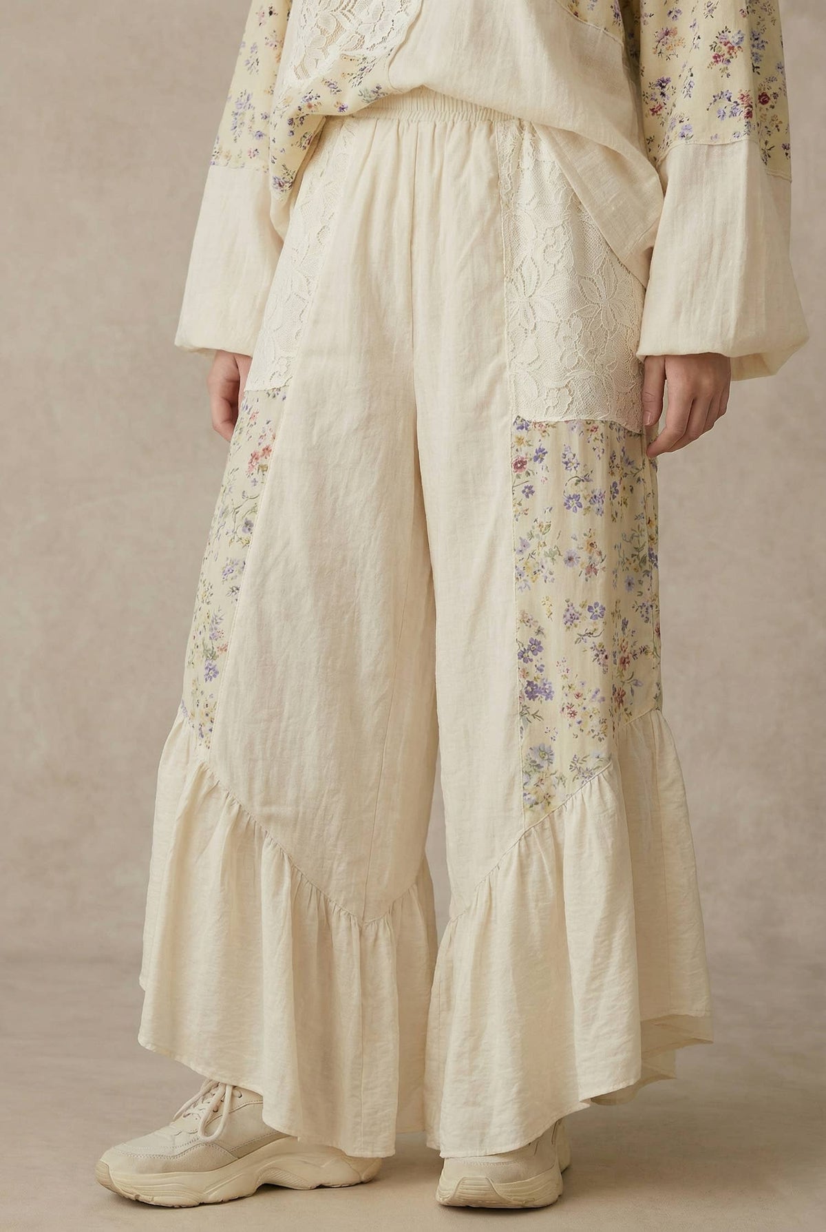 Floral Patchwork Ruffle Pants