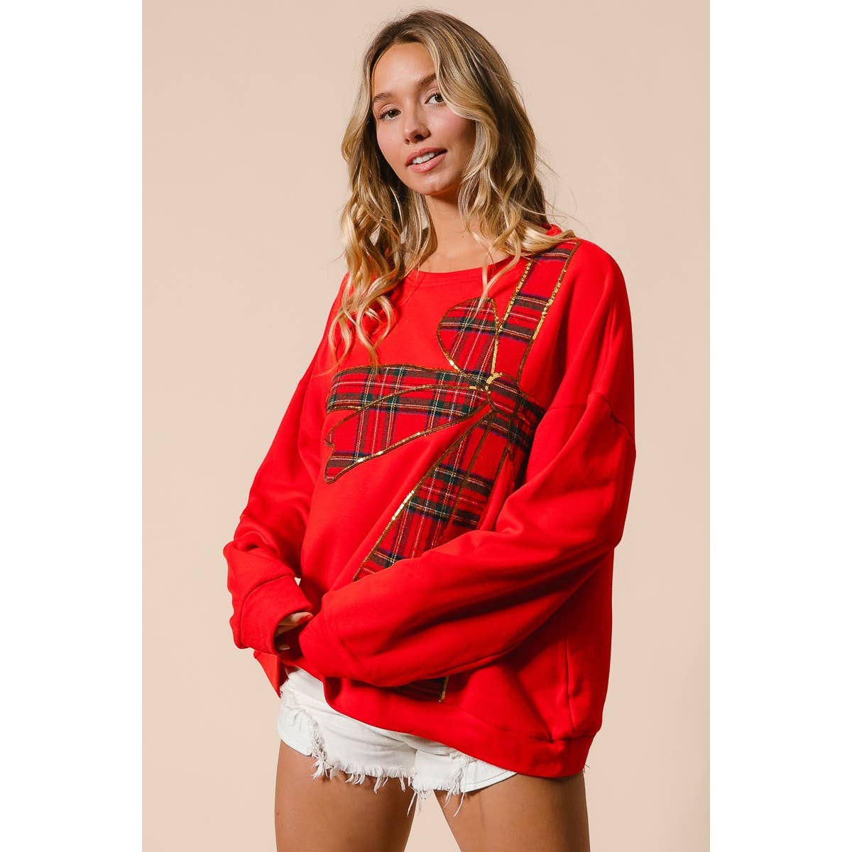 PLAID RIBBON BOW DETAIL PULLOVER