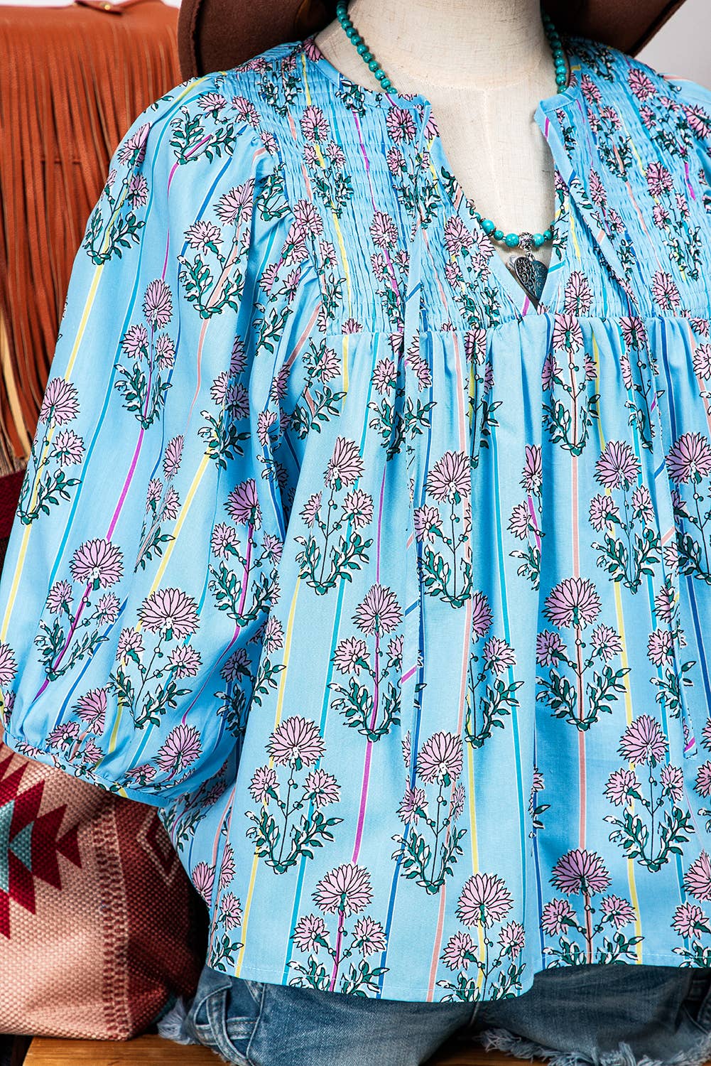 Fashion-W Floral Stripe Print Shirred Yoke Split Neck Blouse