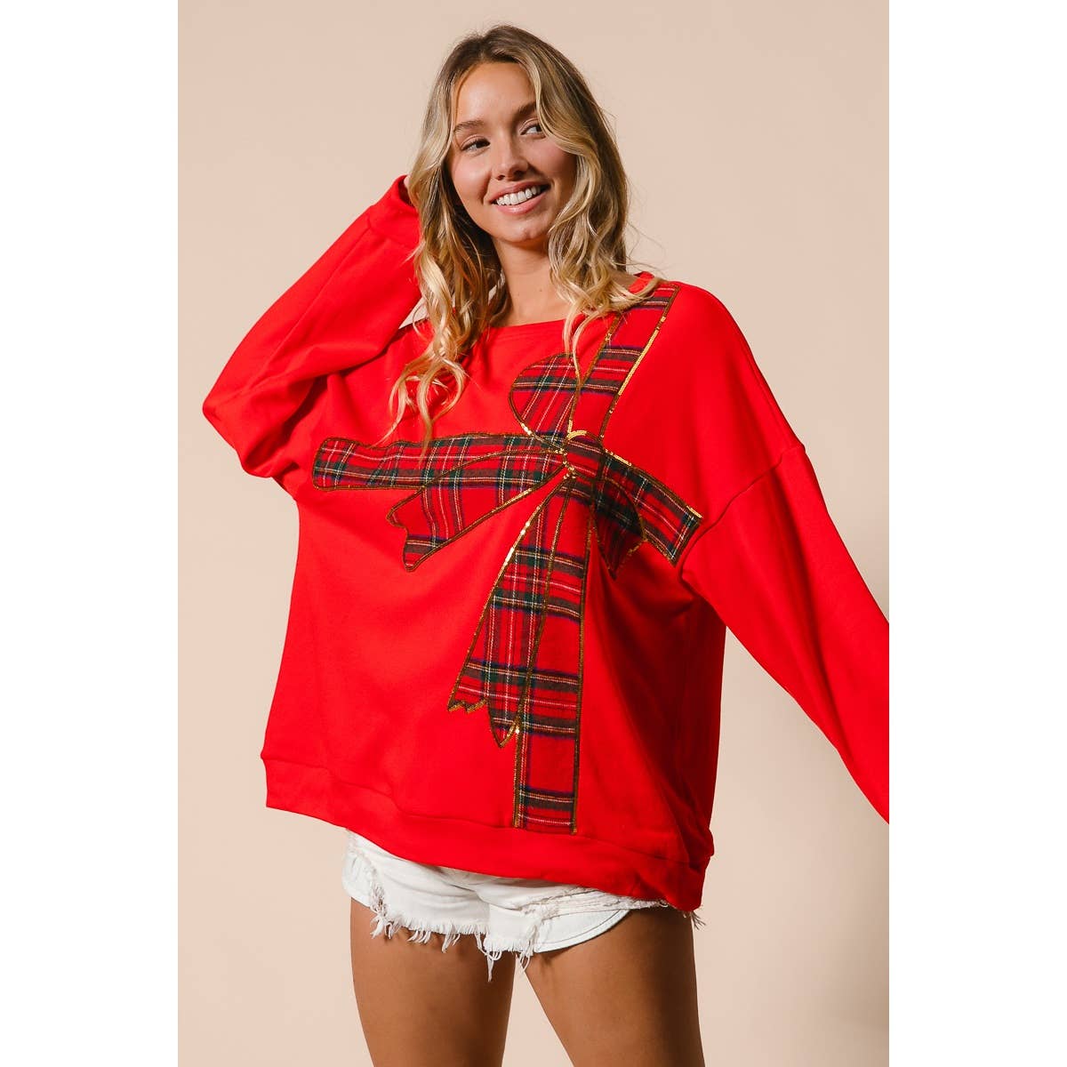 PLAID RIBBON BOW DETAIL PULLOVER