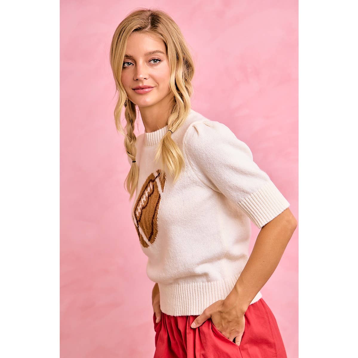 GAMEDAY THEME PUFF SLEEVES HALF SLEEVES KNIT TOP