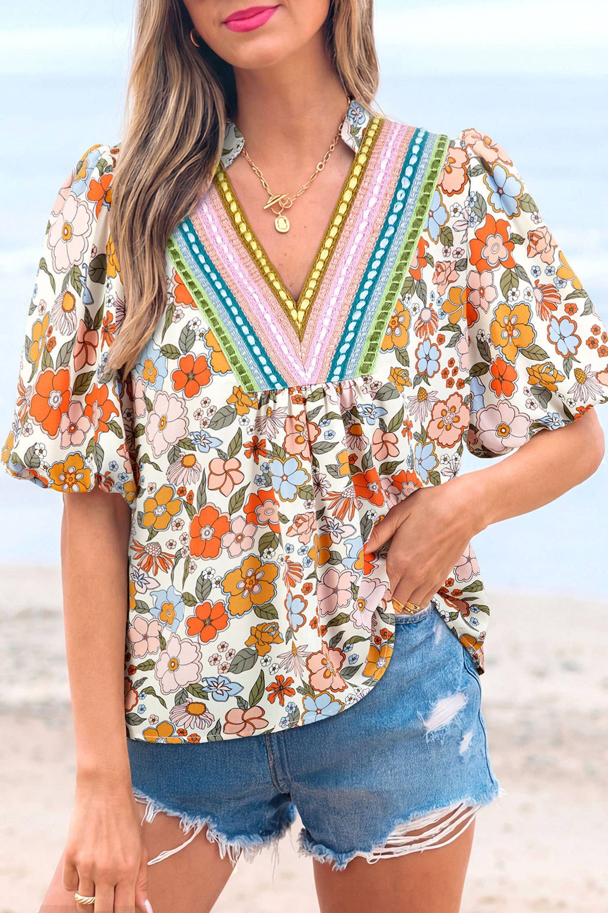 Crochet Boho Half Sleeve Floral Blouse