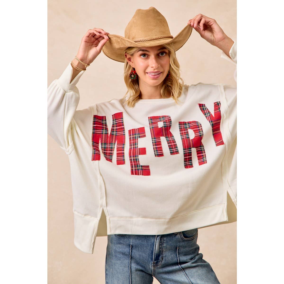 CHRISTMAS PLAID MERRY LETTERING FLEECE SWEATSHIRT