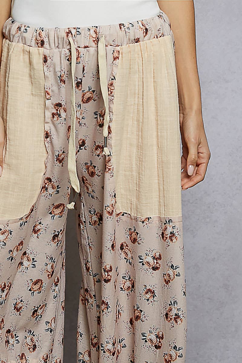 Linen Patch Outseam Detail Floral Wide Pants