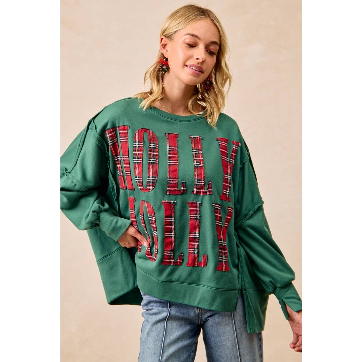 PLAID HOLLY JOLLY LETTERING SWEATSHIRT