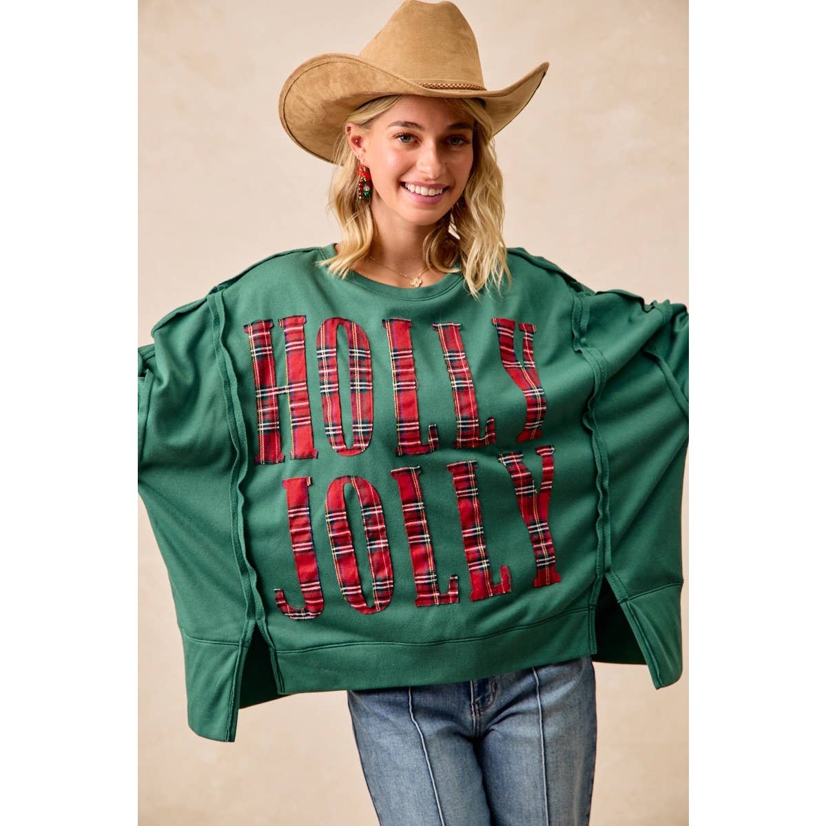 PLAID HOLLY JOLLY LETTERING SWEATSHIRT