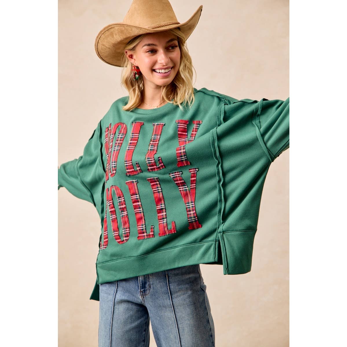 PLAID HOLLY JOLLY LETTERING SWEATSHIRT