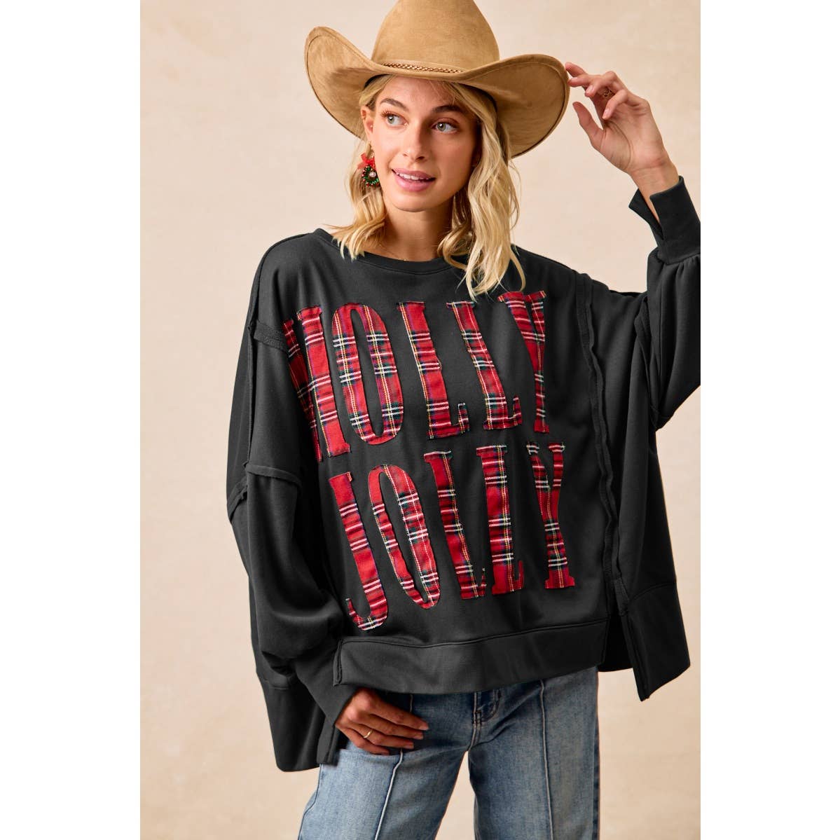 PLAID HOLLY JOLLY LETTERING SWEATSHIRT