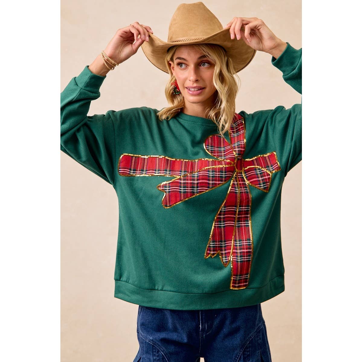 PLAID RIBBON BOW DETAIL PULLOVER