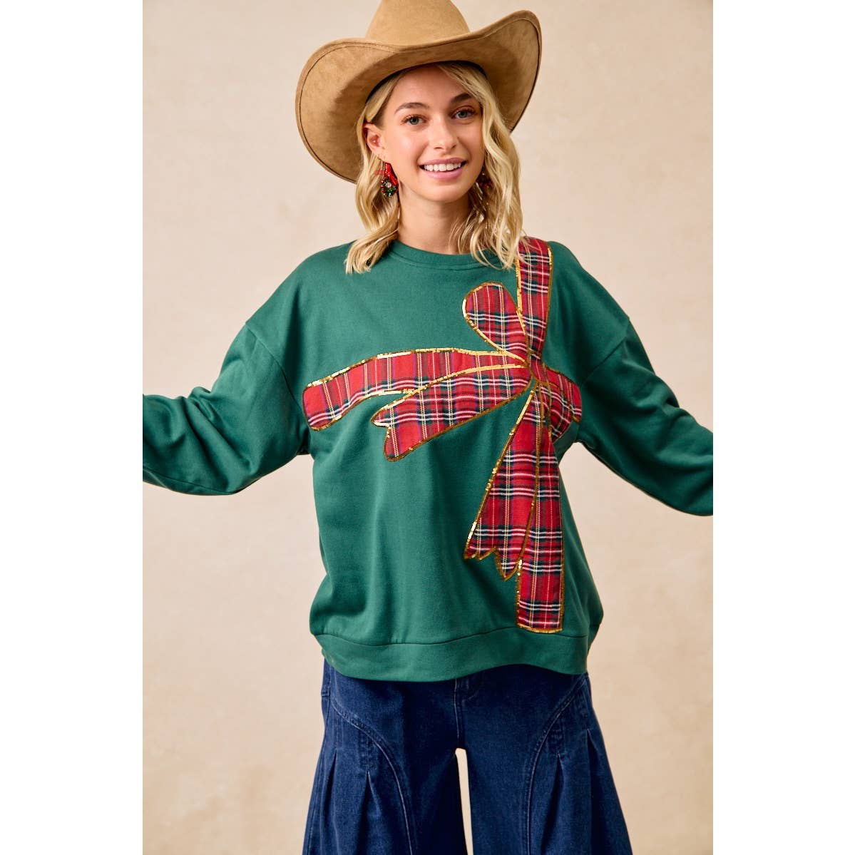 PLAID RIBBON BOW DETAIL PULLOVER