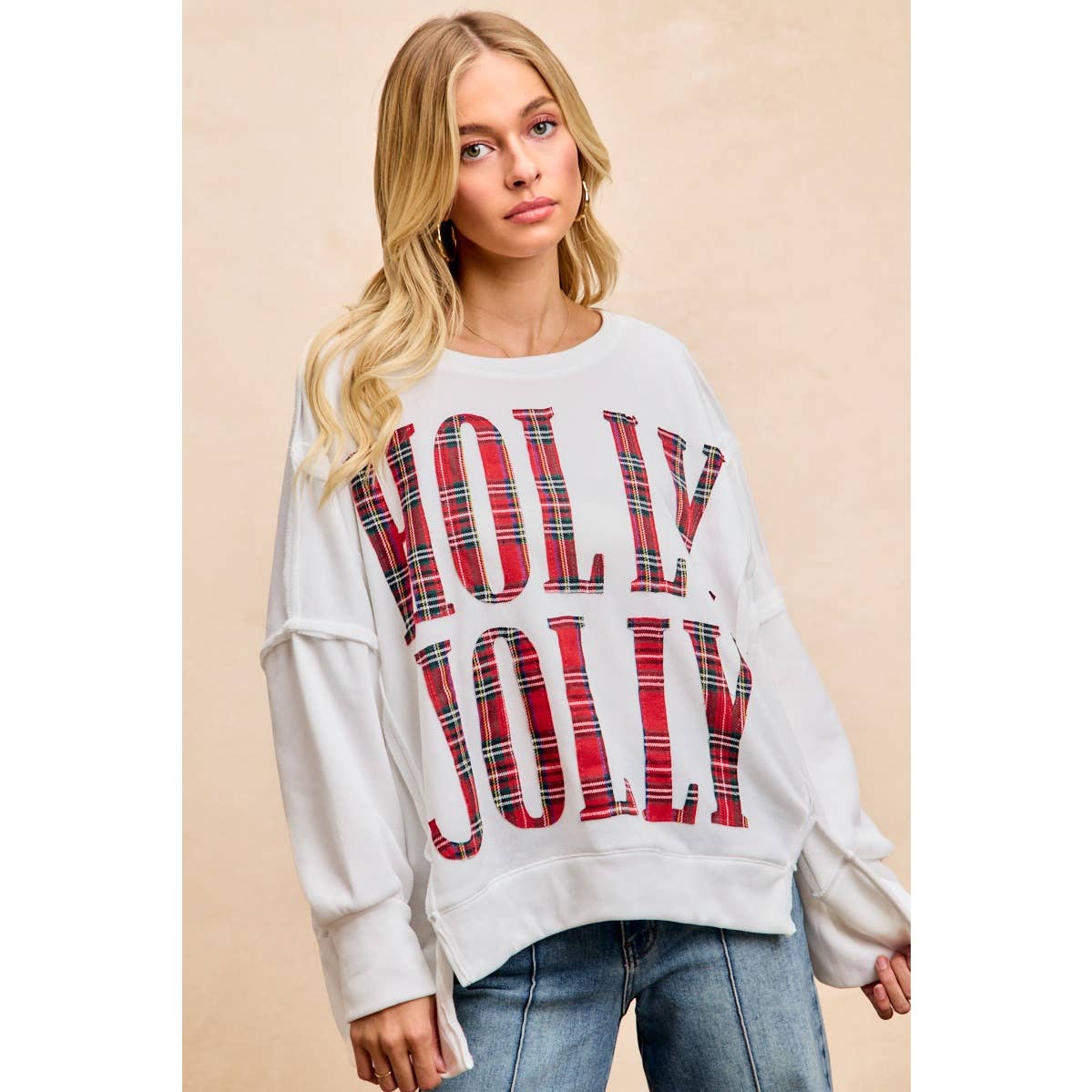 PLAID HOLLY JOLLY LETTERING SWEATSHIRT