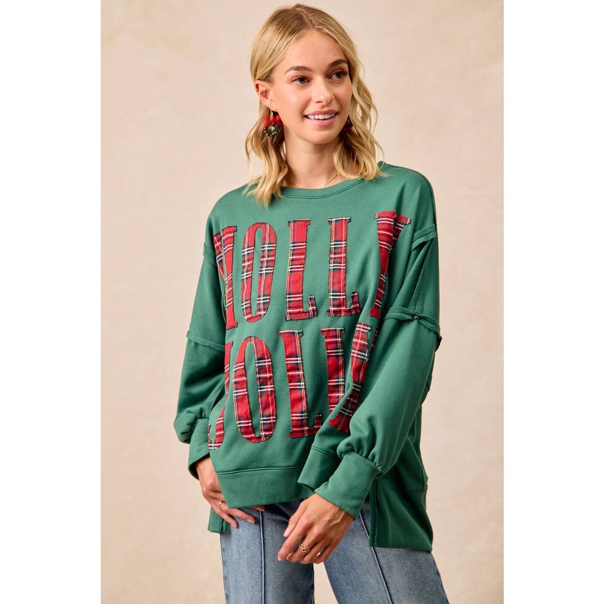 PLAID HOLLY JOLLY LETTERING SWEATSHIRT