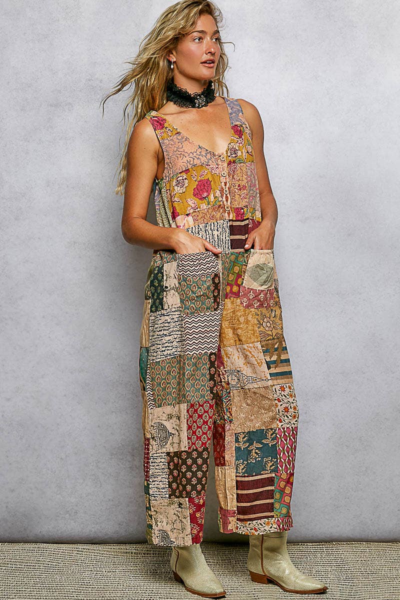 V-neck Sleeveless Varied Patchwork Dual Patch Pocket Overall