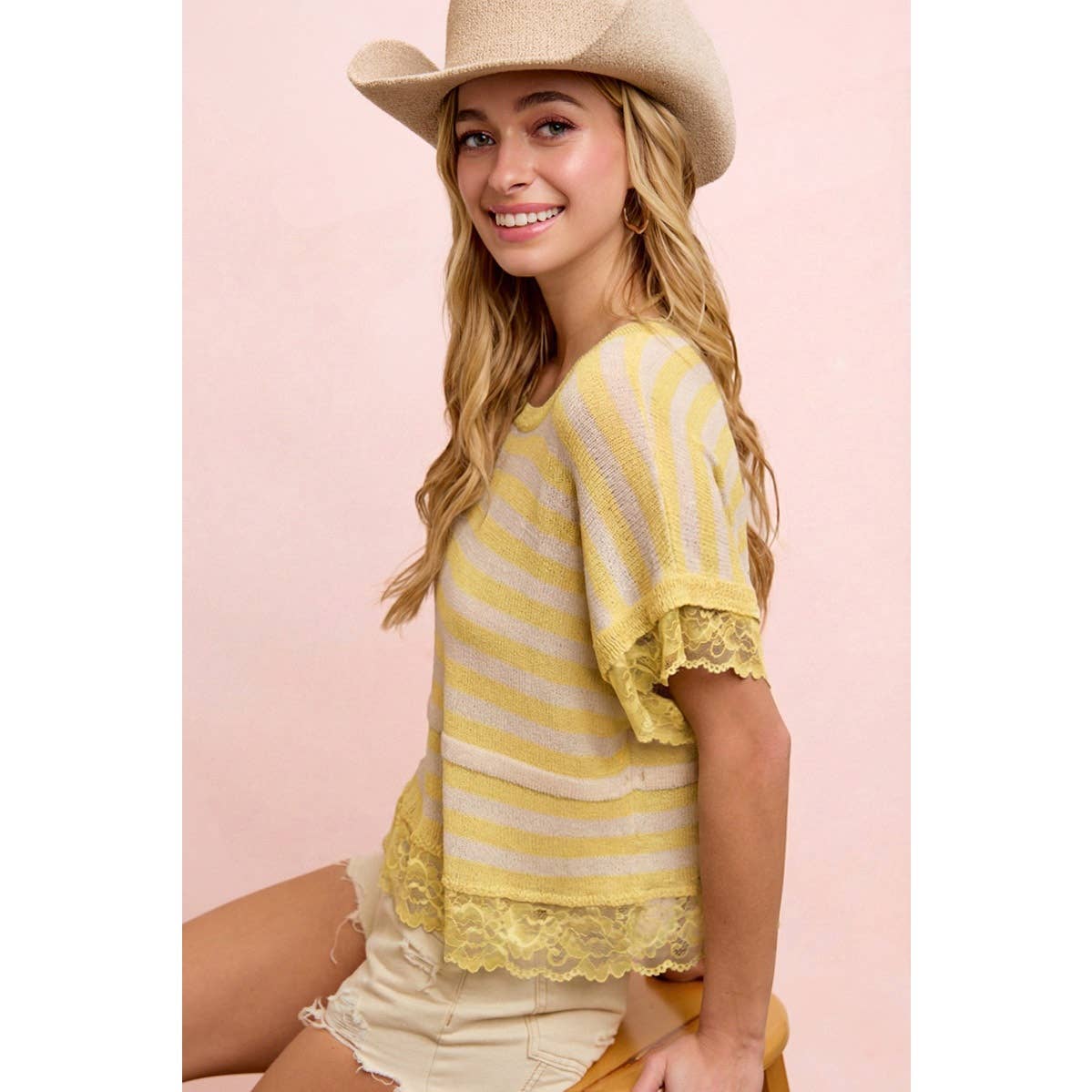 STRIPED CONTRAST LACE DETAIL LIGHTWEIGHT KNIT TOP