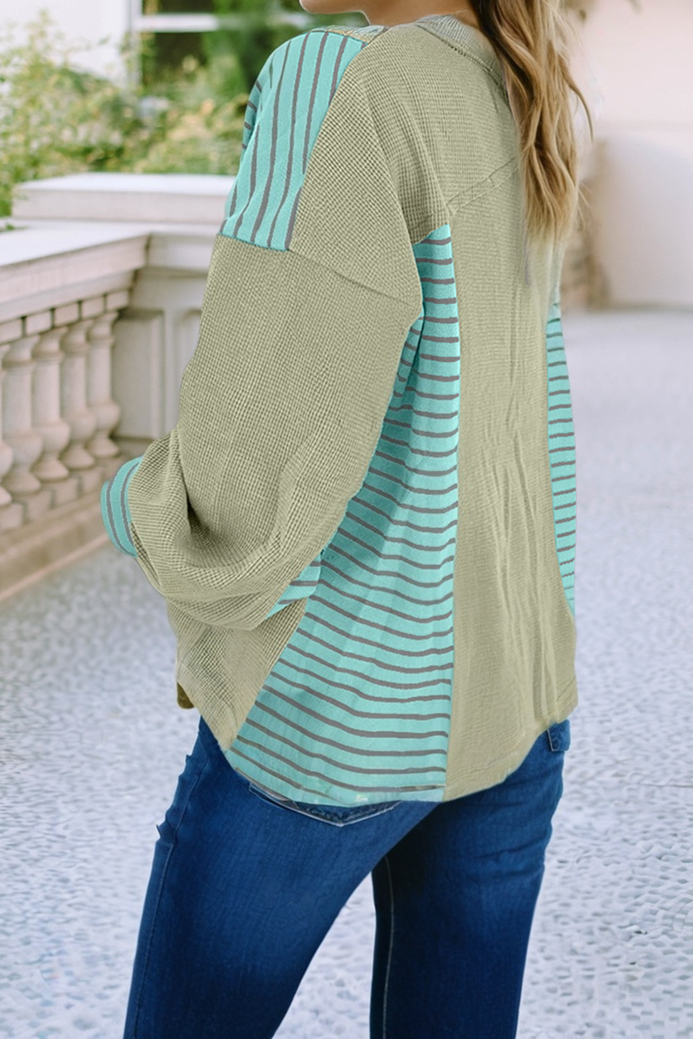 Exposed Seam Waffle Striped Patchwork Baggy Pullover