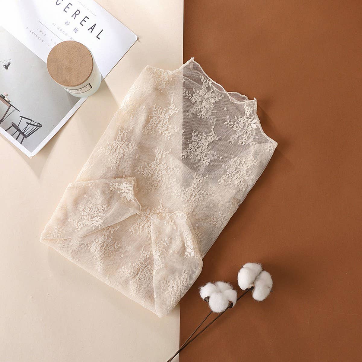 SEMI SHEER MESH LACE SLIM BOTTOMING SHIRT