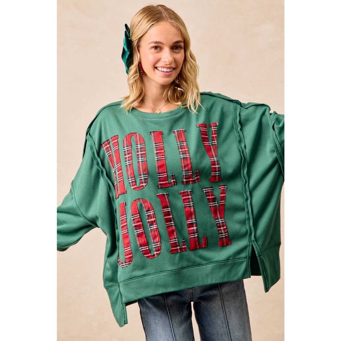 PLAID HOLLY JOLLY LETTERING SWEATSHIRT