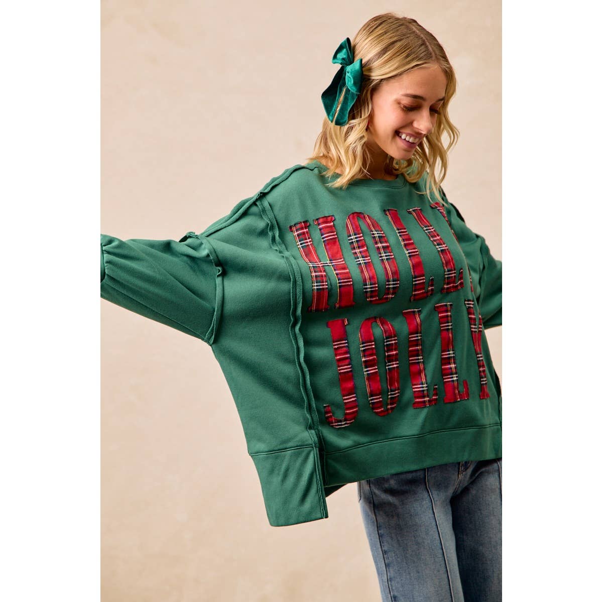 PLAID HOLLY JOLLY LETTERING SWEATSHIRT