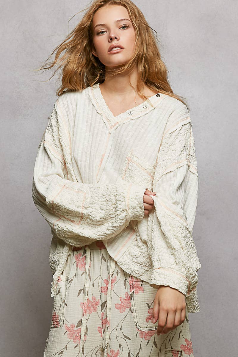 V-neck stitch detail Balloon Long Sleeve Crop Top