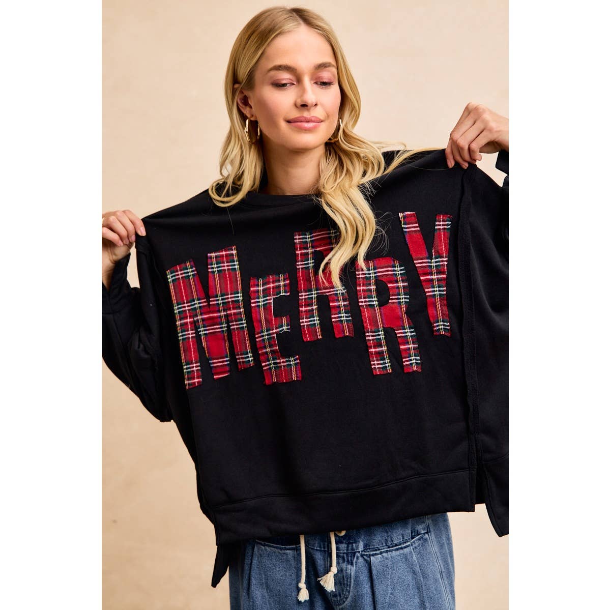 CHRISTMAS PLAID MERRY LETTERING FLEECE SWEATSHIRT
