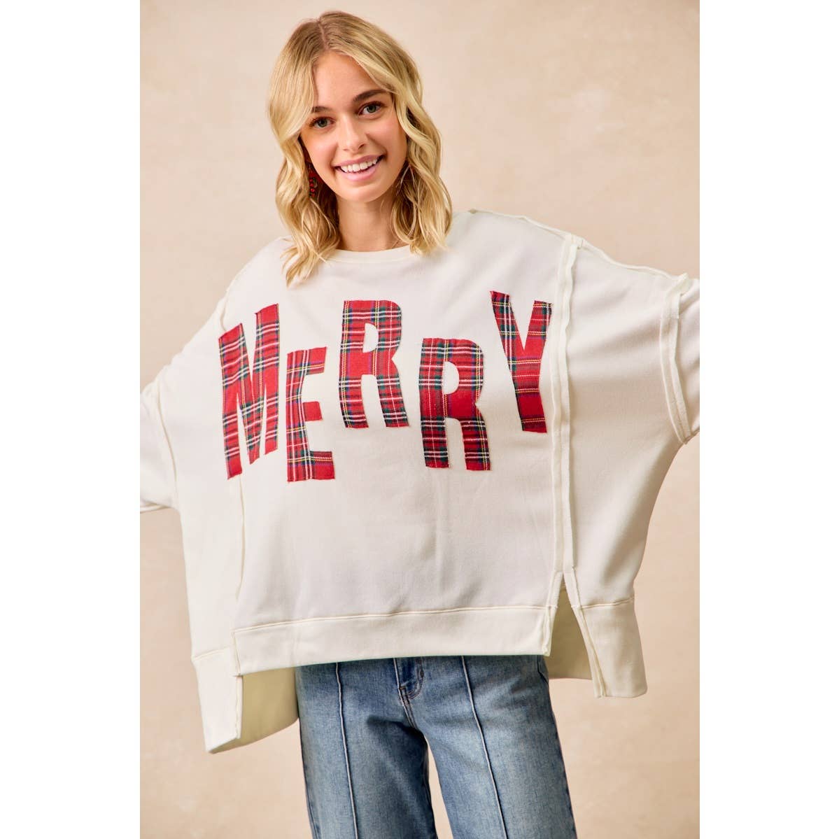 CHRISTMAS PLAID MERRY LETTERING FLEECE SWEATSHIRT