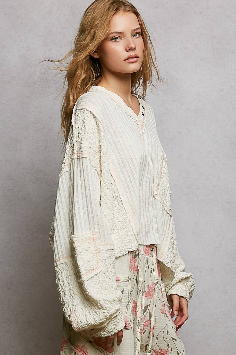 V-neck stitch detail Balloon Long Sleeve Crop Top