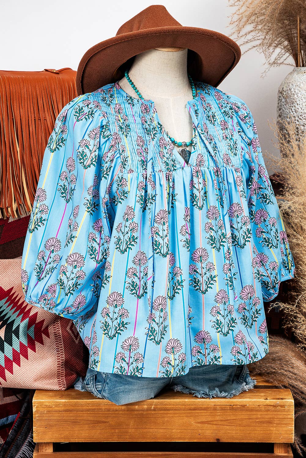 Fashion-W Floral Stripe Print Shirred Yoke Split Neck Blouse