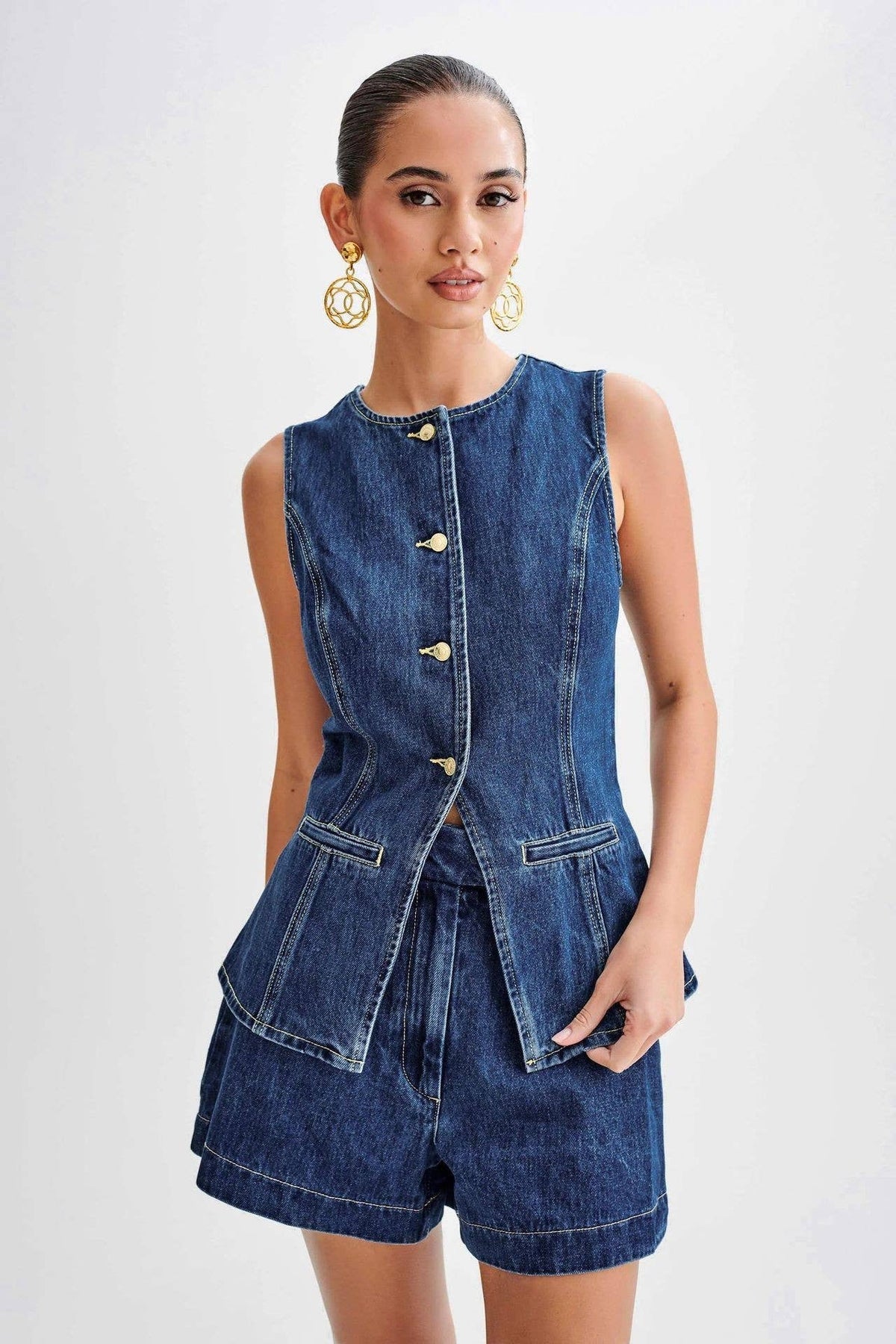 Casual Sleeveless Top High-Waist Denim Shorts Set