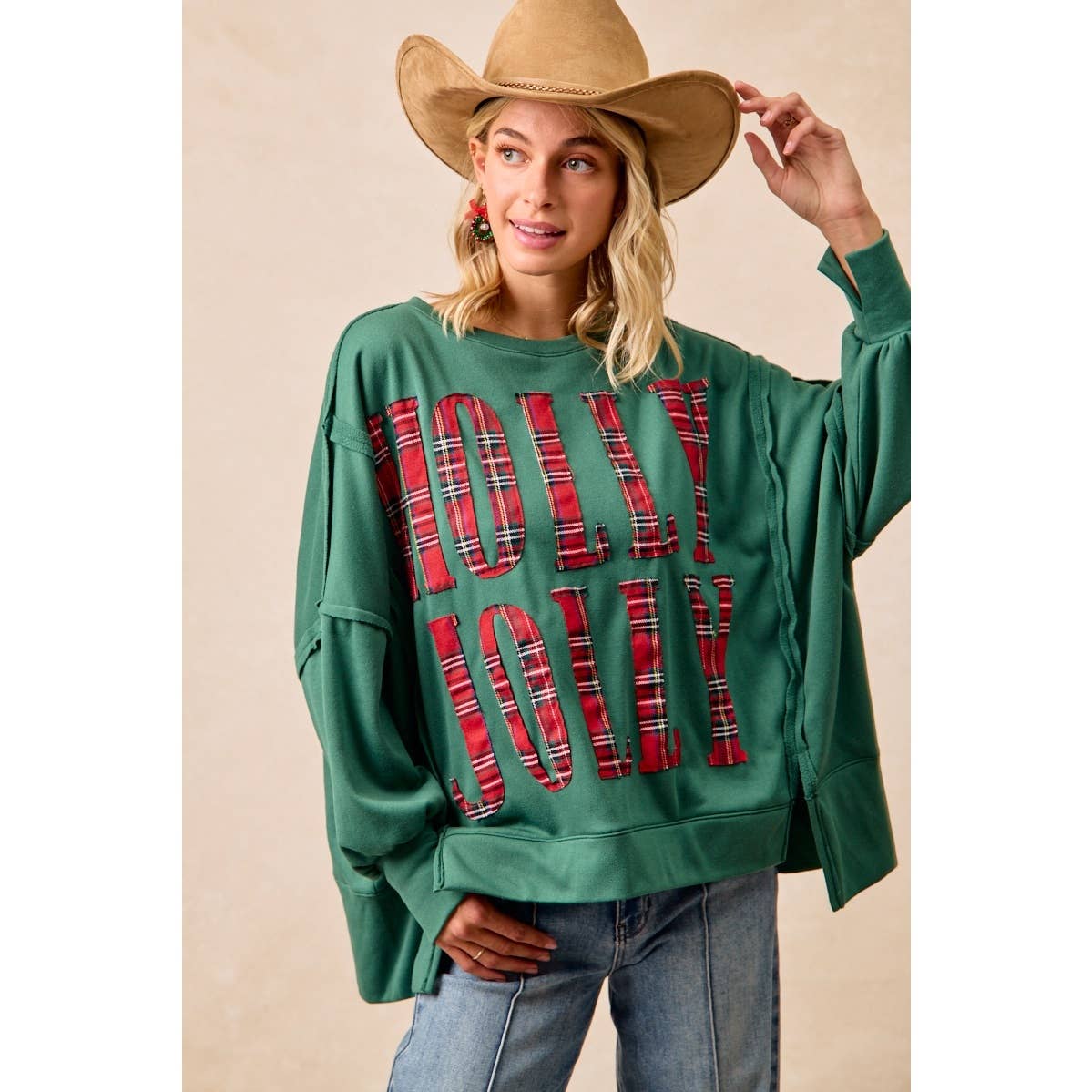 PLAID HOLLY JOLLY LETTERING SWEATSHIRT