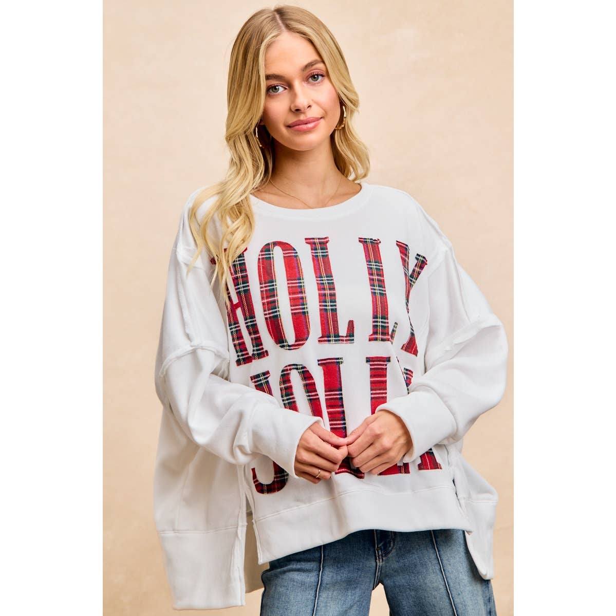 PLAID HOLLY JOLLY LETTERING SWEATSHIRT