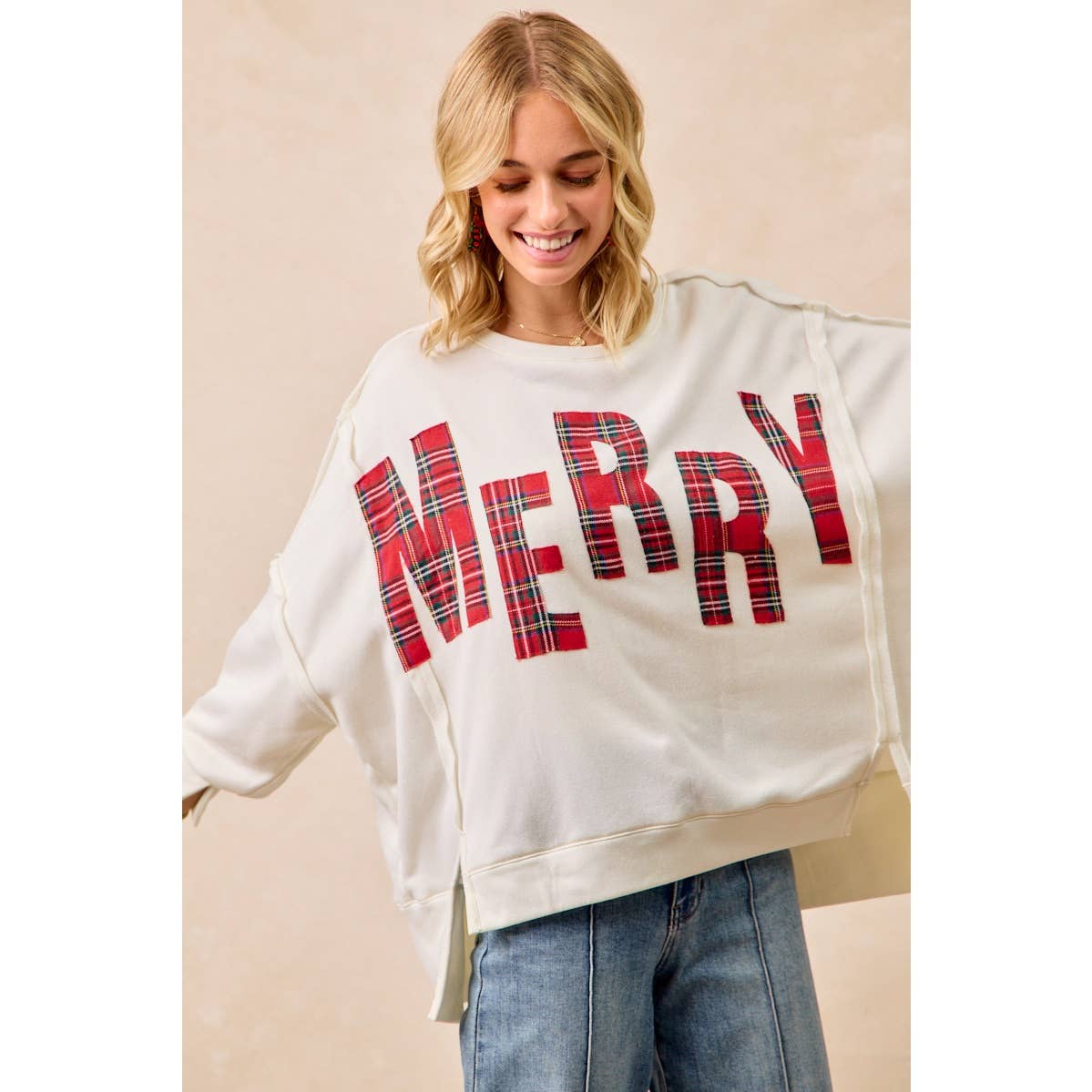 CHRISTMAS PLAID MERRY LETTERING FLEECE SWEATSHIRT