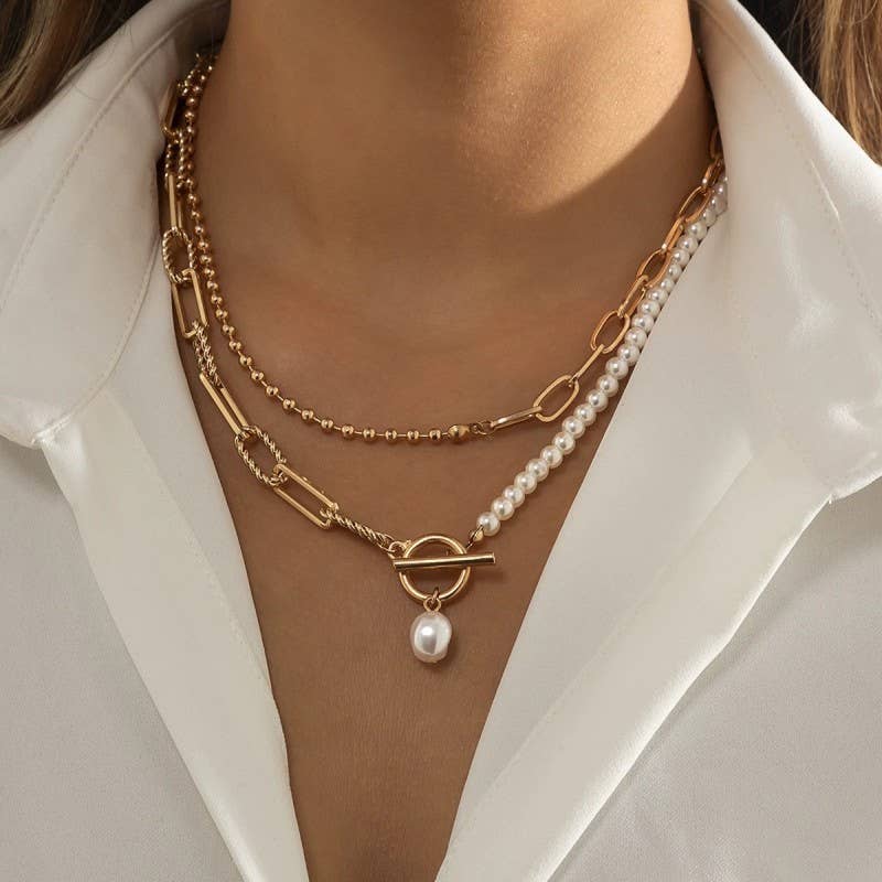 PEARL MIX DOUBLE LAYER TOGGLE NECKLACE | 40NK9460
