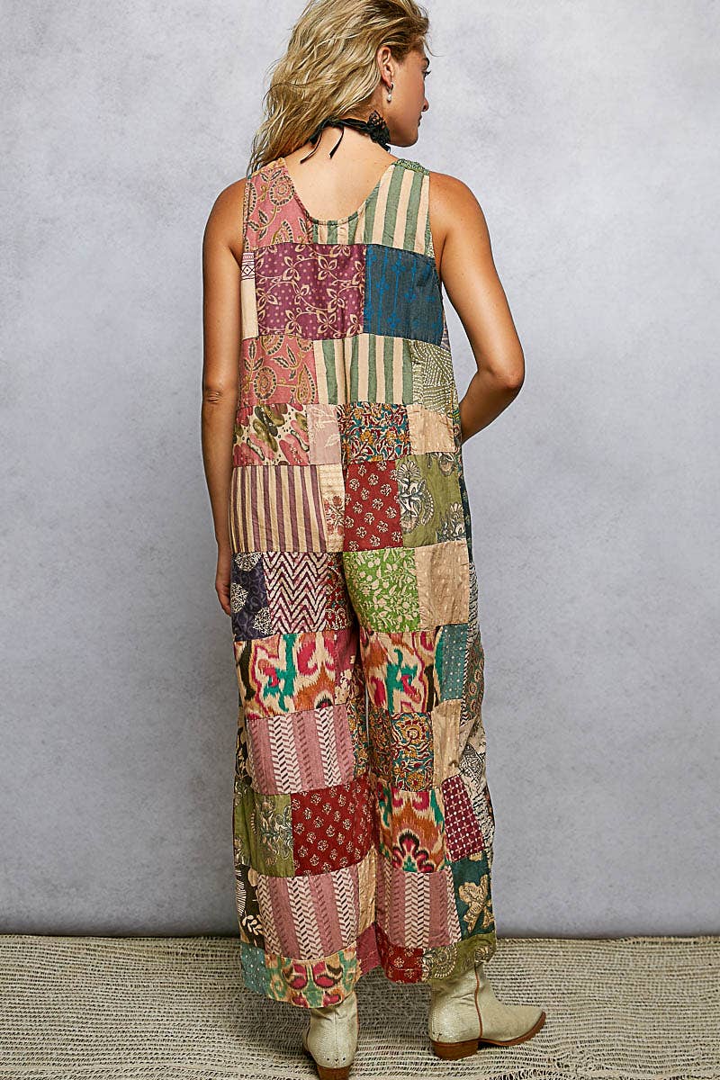 V-neck Sleeveless Varied Patchwork Dual Patch Pocket Overall