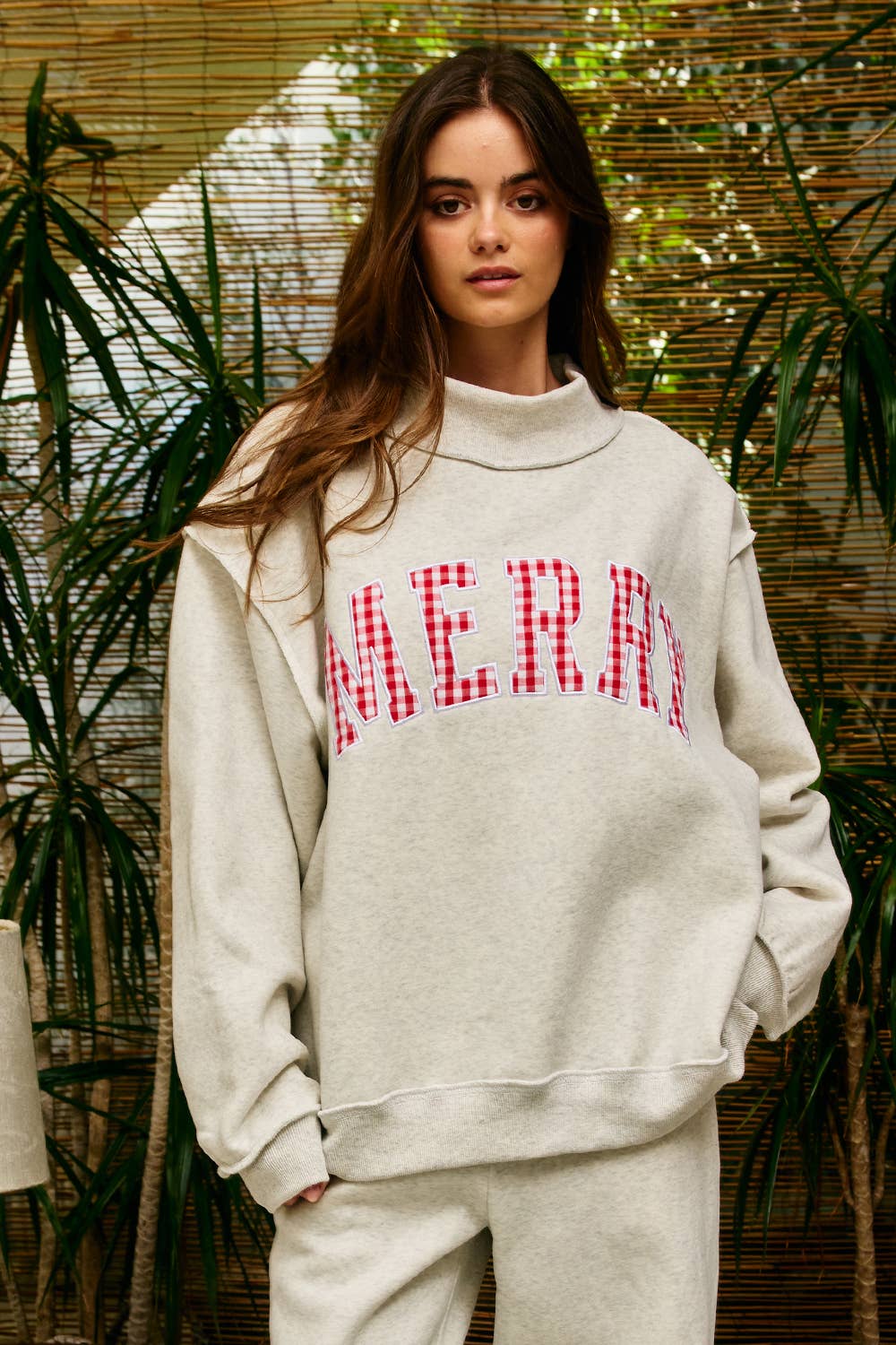 IT2594E-MERRYW | "MERRY" Varsity Mock Neck Sweatshirt