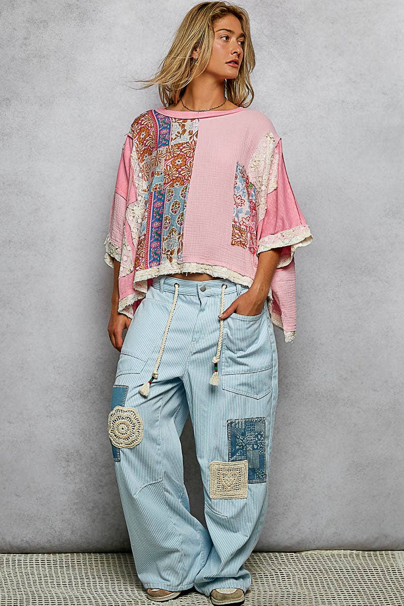 Round Neck Double Gauze Floral Woven Top