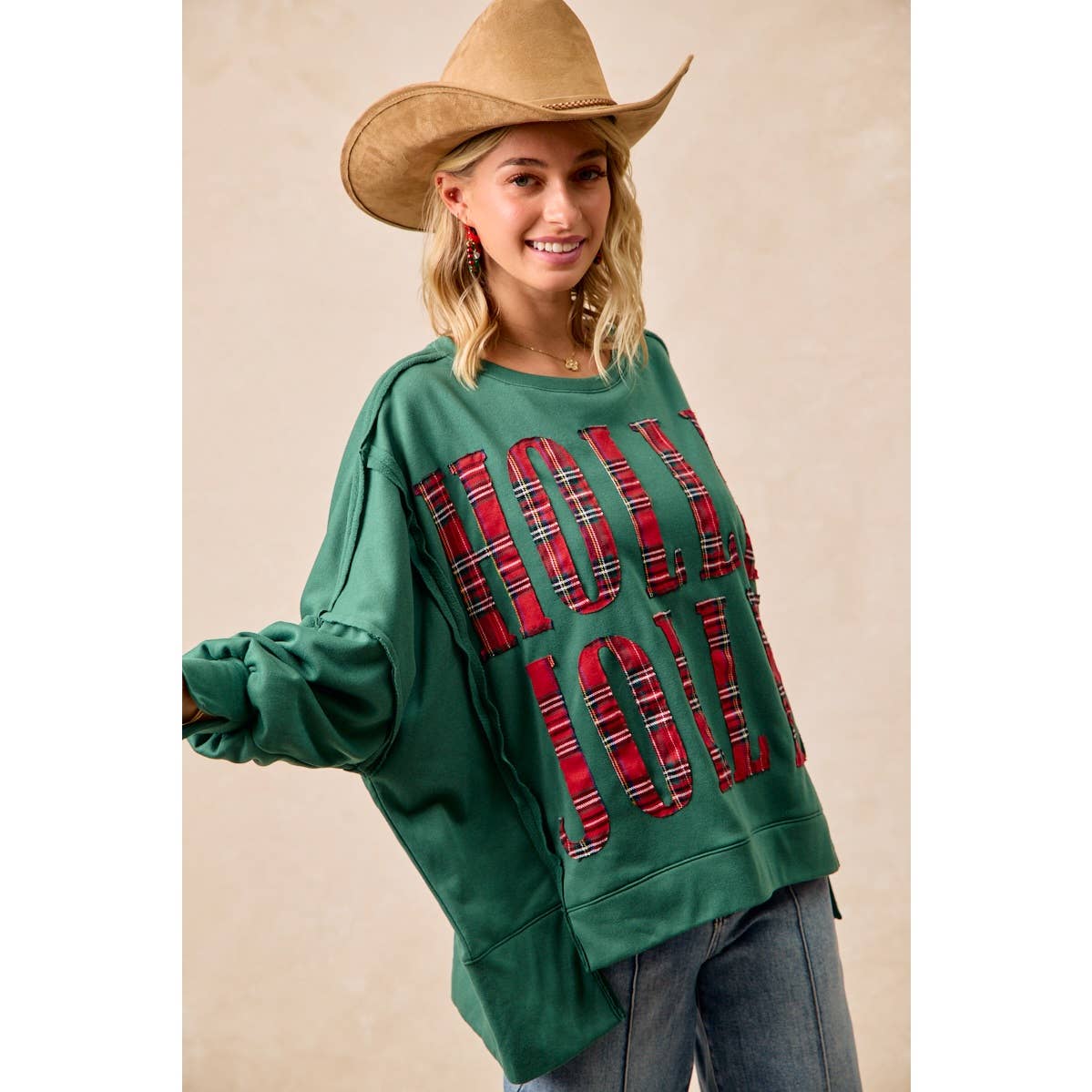 PLAID HOLLY JOLLY LETTERING SWEATSHIRT