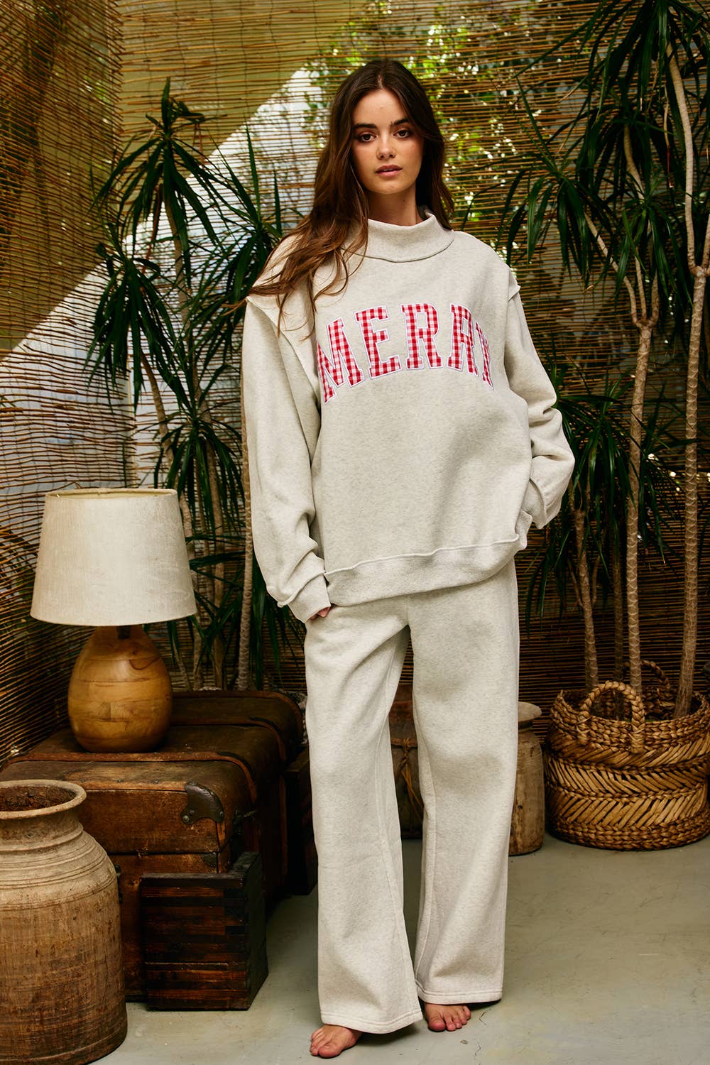 IT2594E-MERRYW | "MERRY" Varsity Mock Neck Sweatshirt