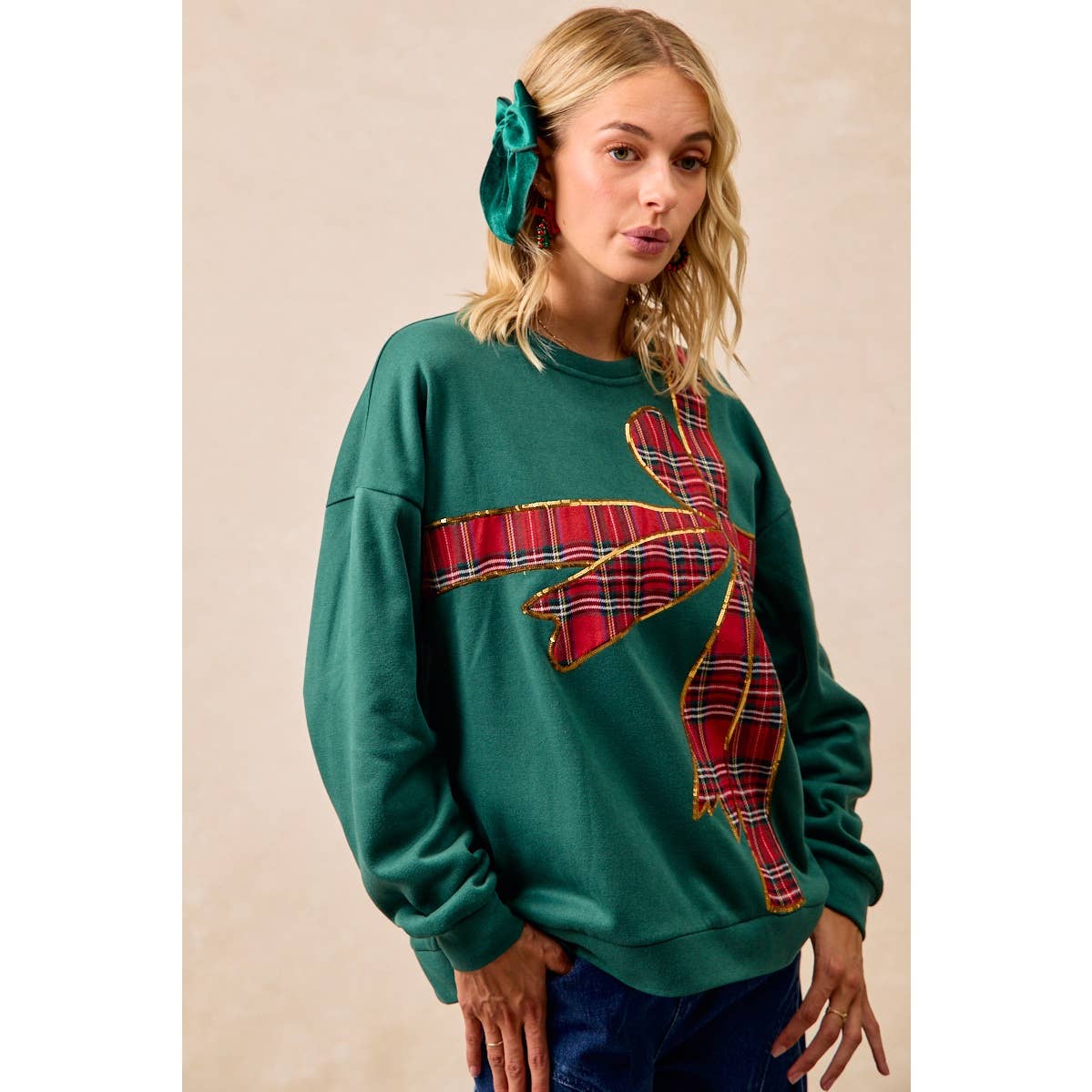 PLAID RIBBON BOW DETAIL PULLOVER