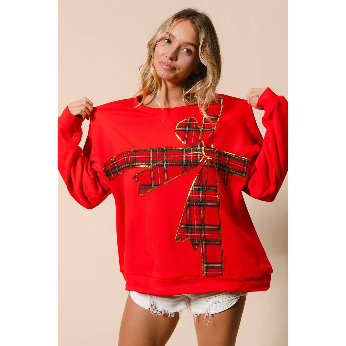 PLAID RIBBON BOW DETAIL PULLOVER