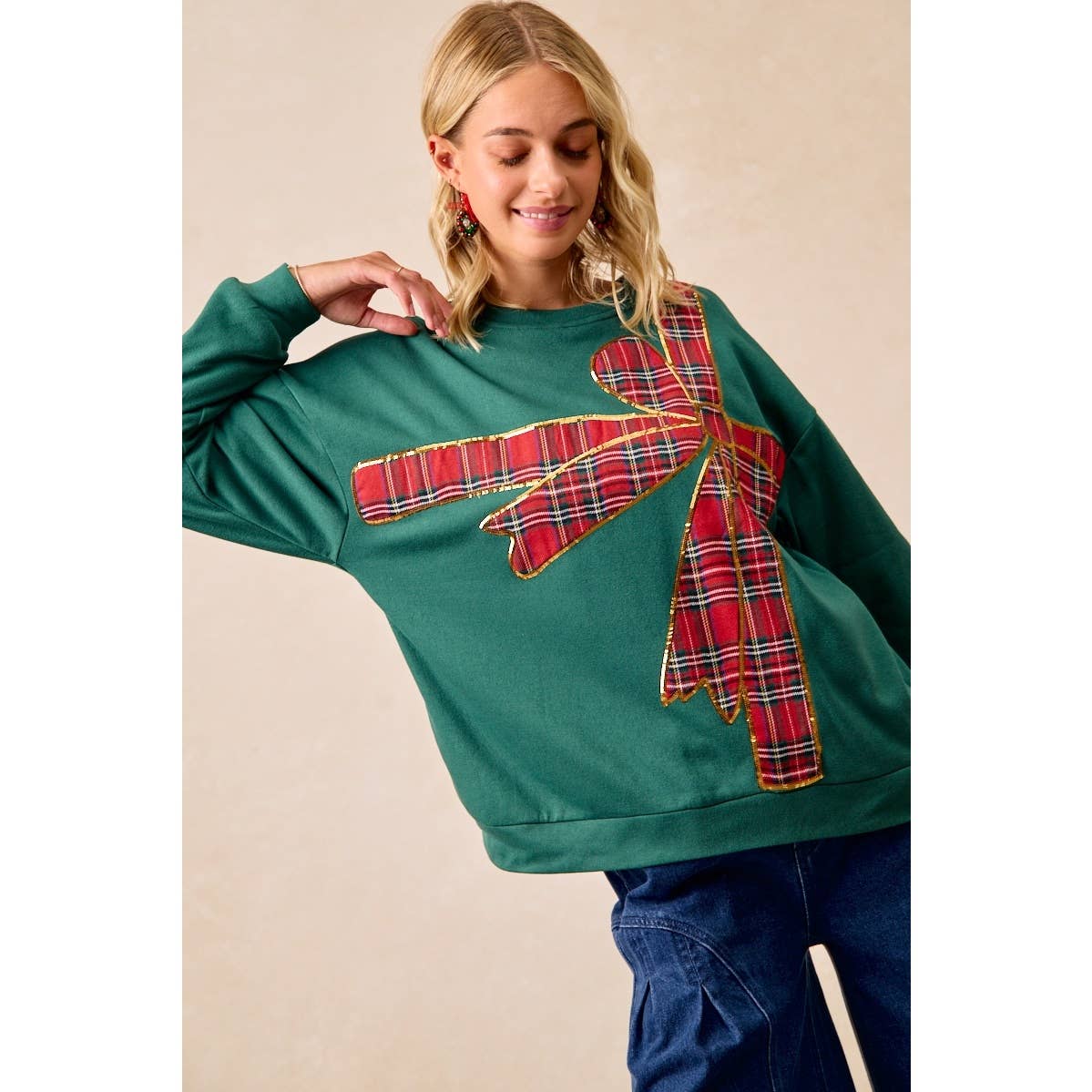 PLAID RIBBON BOW DETAIL PULLOVER