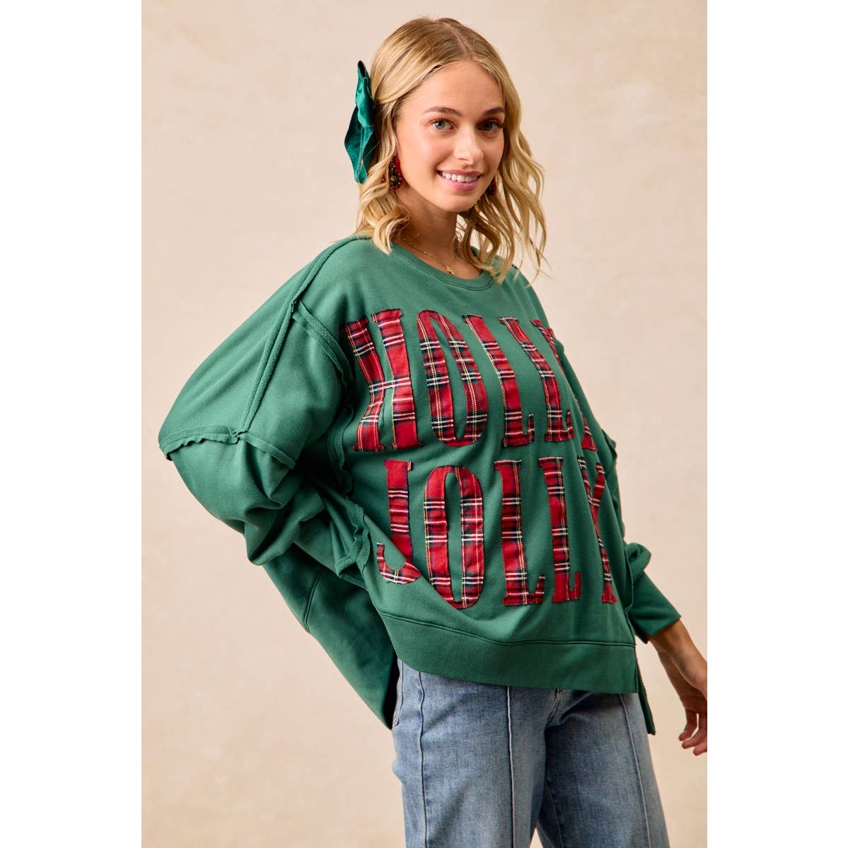 PLAID HOLLY JOLLY LETTERING SWEATSHIRT