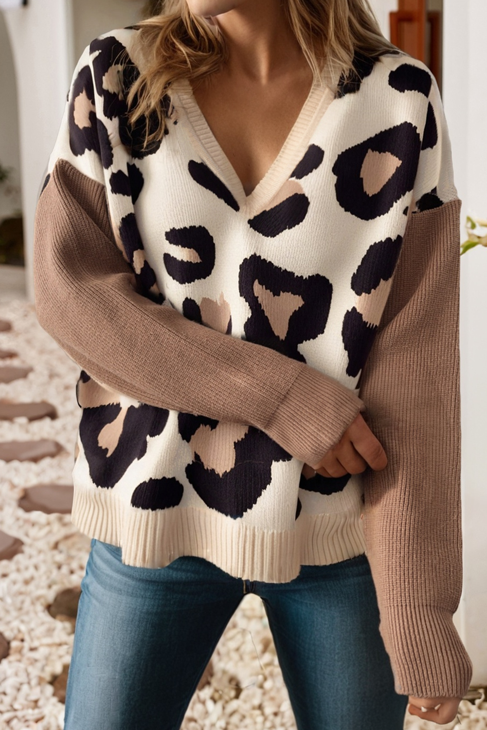 Print Color Block Patchwork Sleeve V Neck Sweater