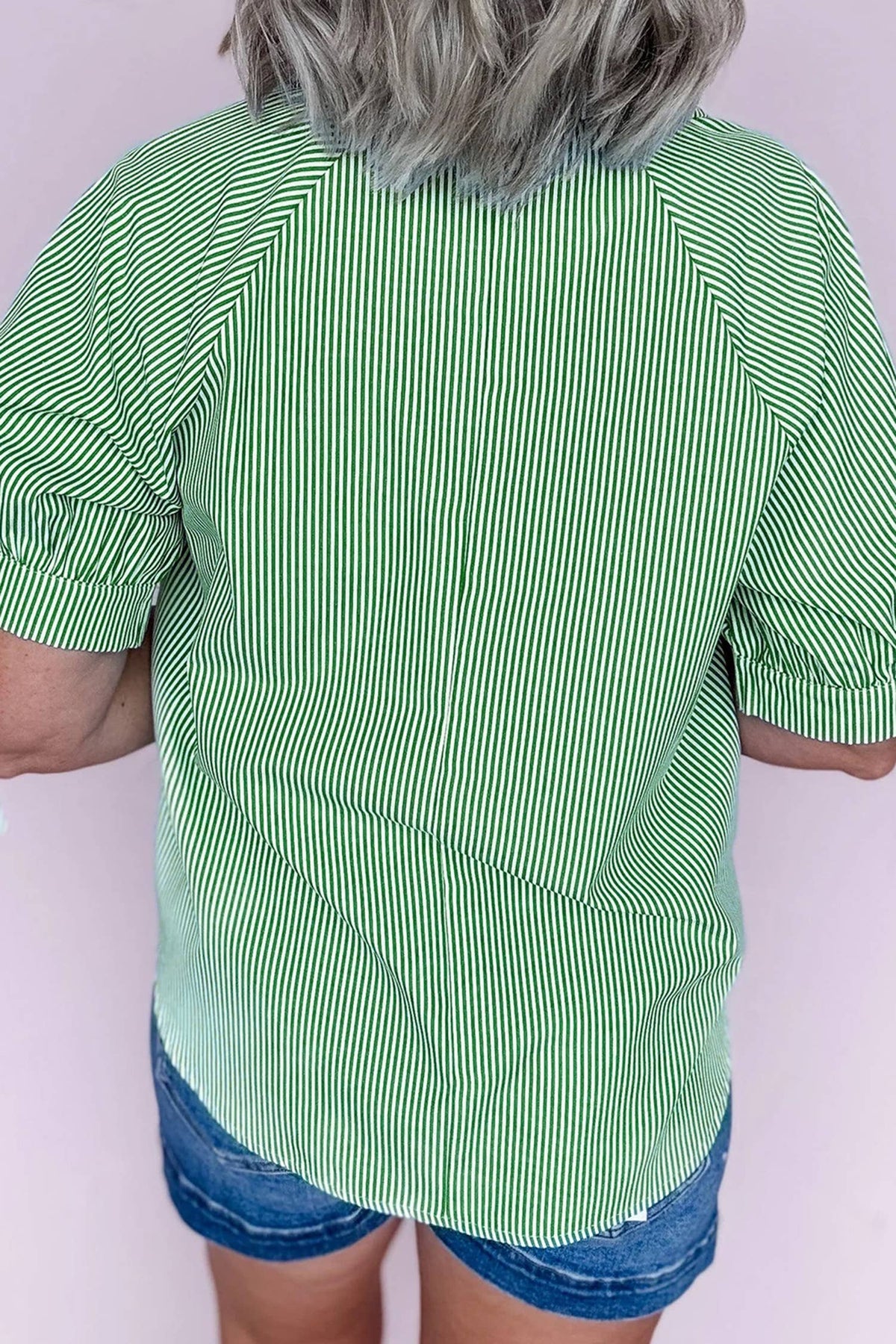 Striped Print Collared Split Neck Half Sleeve Blouse