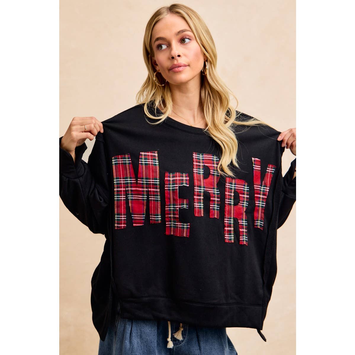 CHRISTMAS PLAID MERRY LETTERING FLEECE SWEATSHIRT
