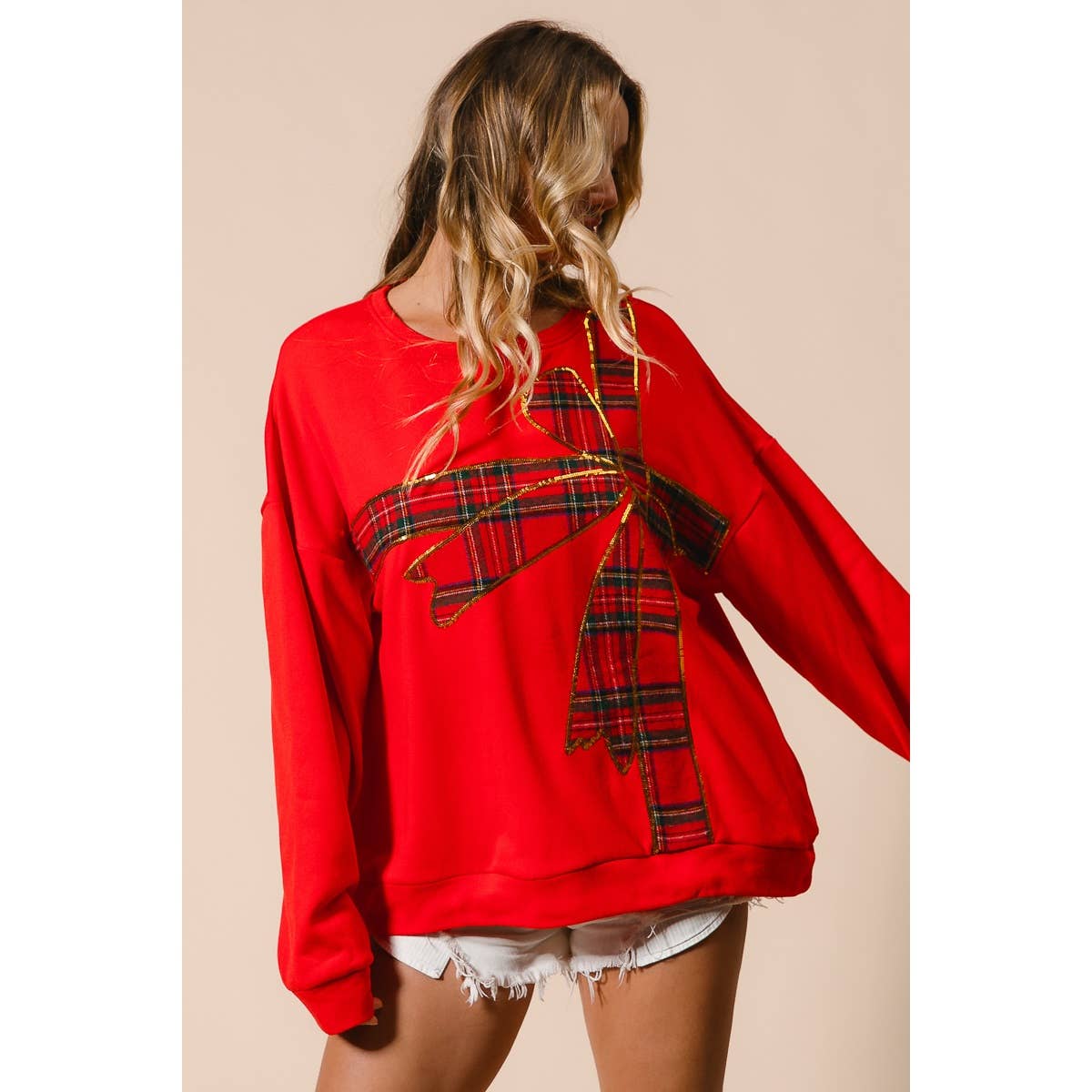 PLAID RIBBON BOW DETAIL PULLOVER