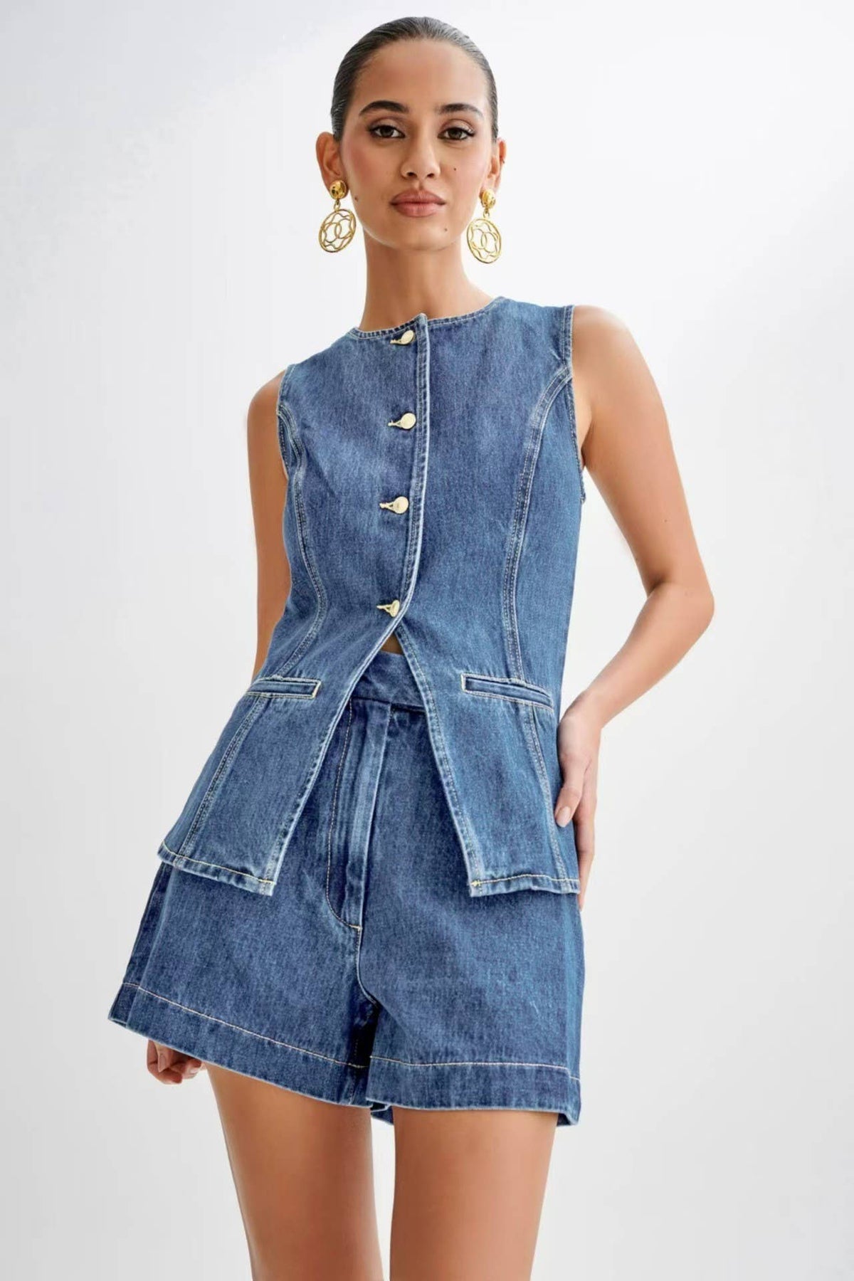 Casual Sleeveless Top High-Waist Denim Shorts Set