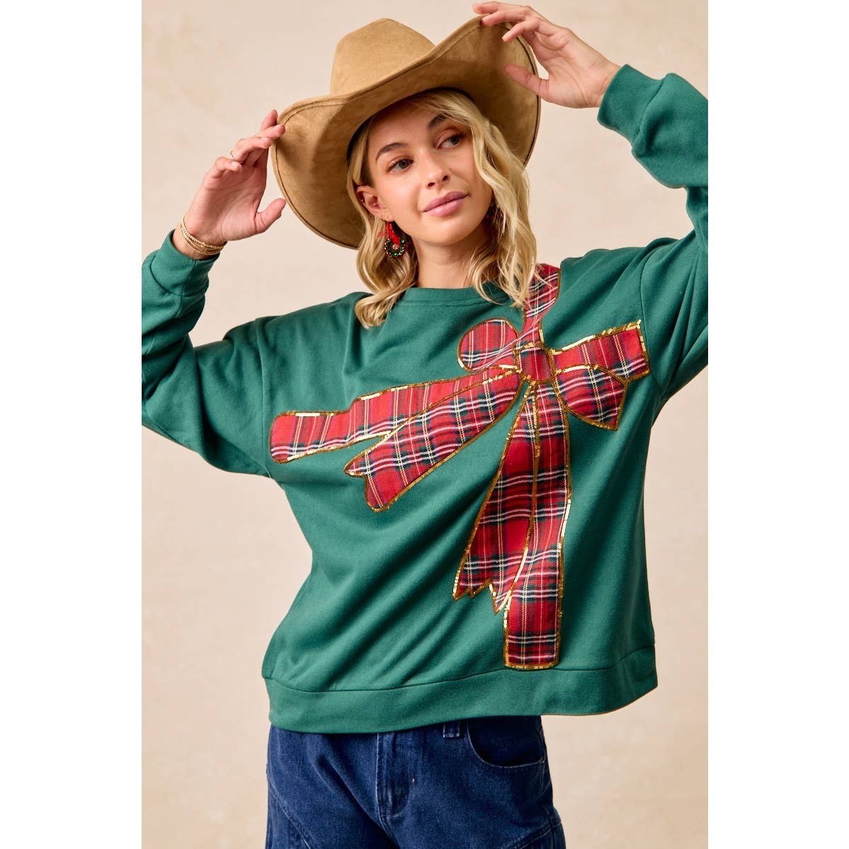 PLAID RIBBON BOW DETAIL PULLOVER