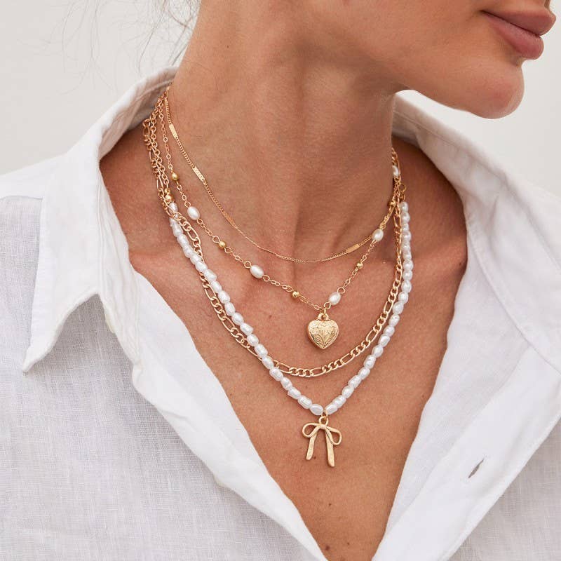 BEAUTIFUL BOW PEARL HEART PENDANT LAYERED NECKLACE